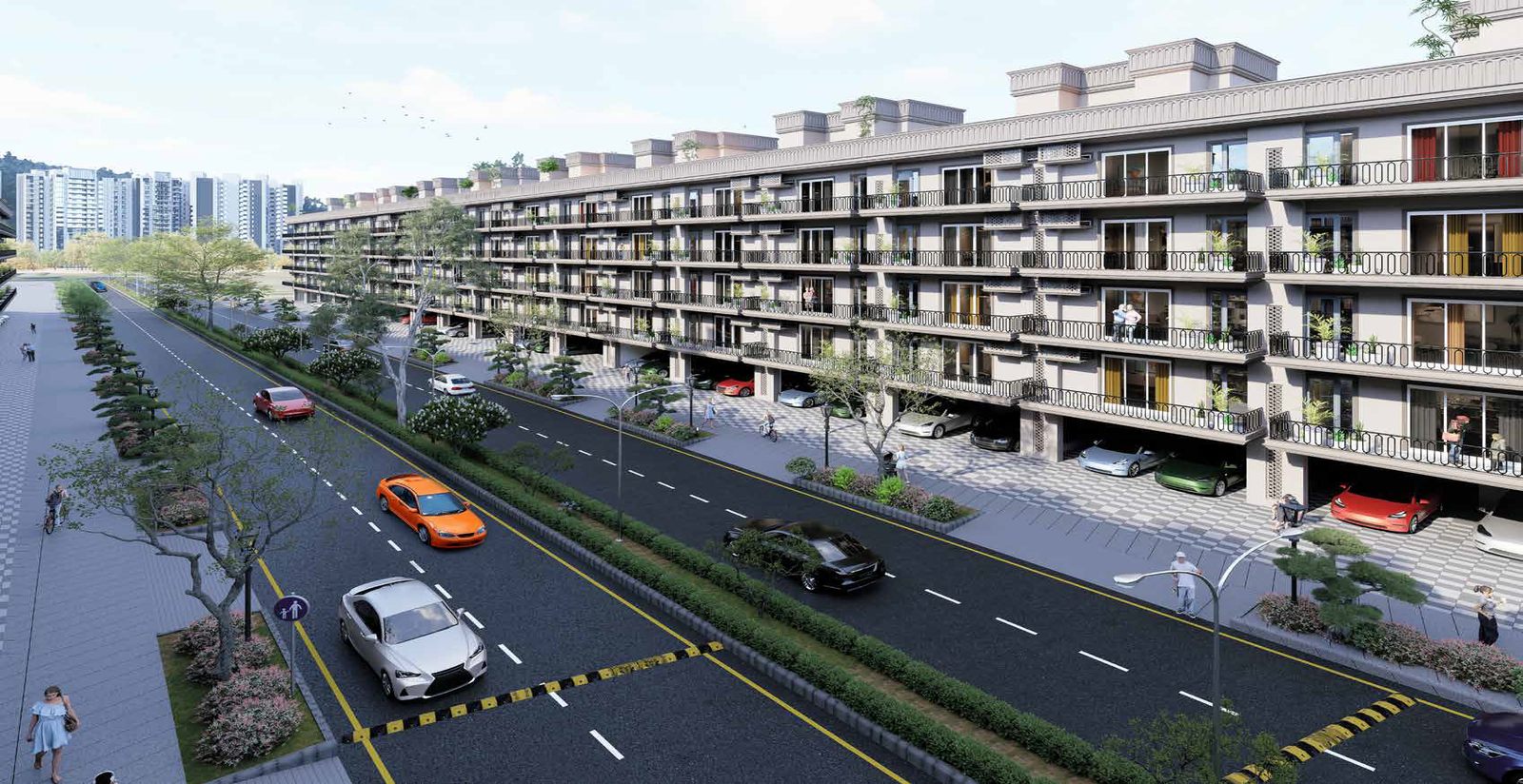 The long row of Spiti Floors along the 24-metre road, with stilt parking below, Sector 99A Gurugram